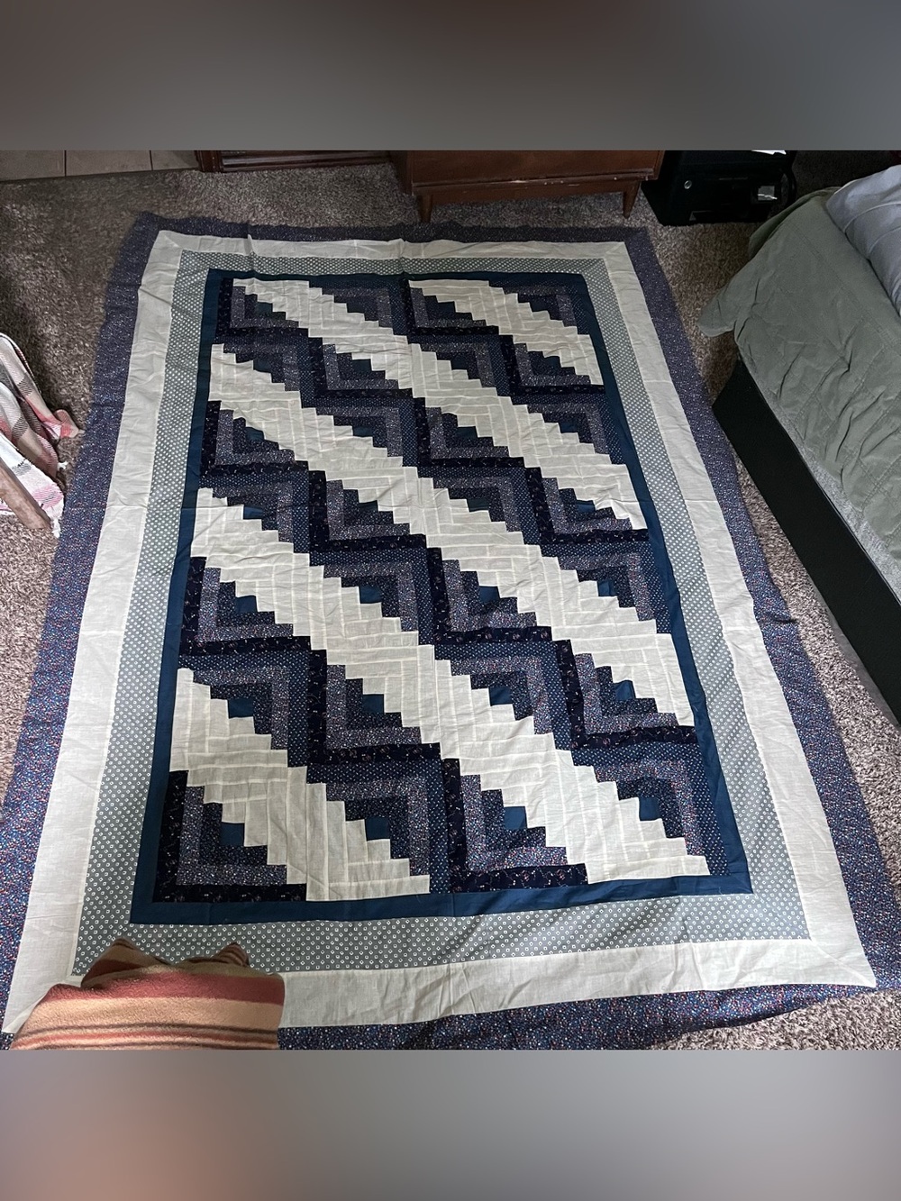 Vintage Quilt Top Geometric Shape 72”x 106” Unfinished Blanket Blue Floral Gray